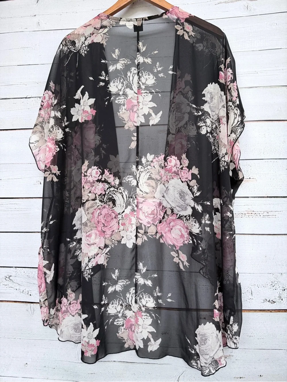 I JOAH Black Pink Floral Sheer Chiffon Kimono Cardigan -OS